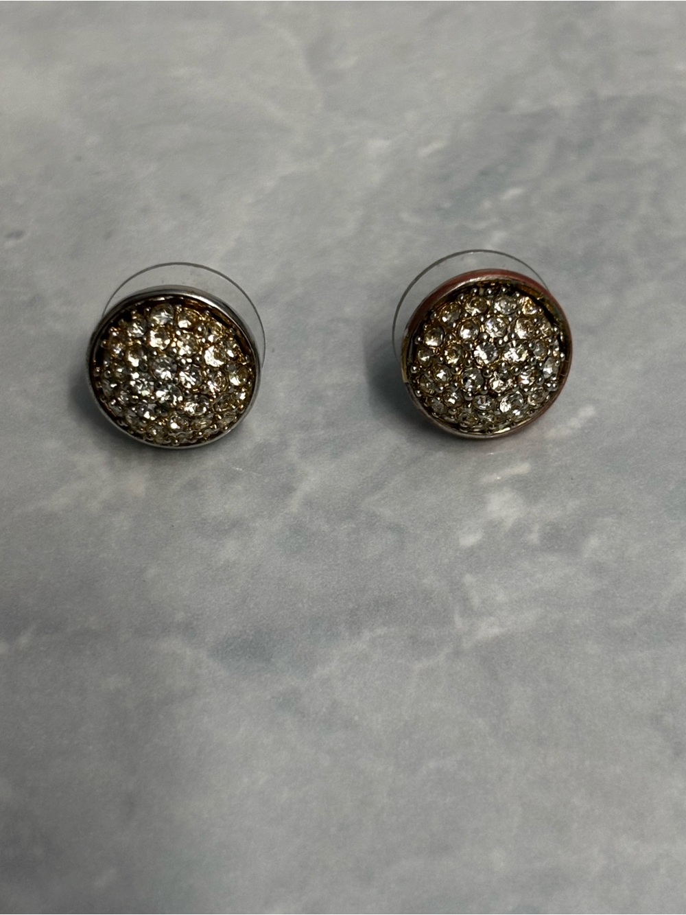 Vintage J. Crew Stamped Round Pave Crystal Stud Earrings - Gold-Tone